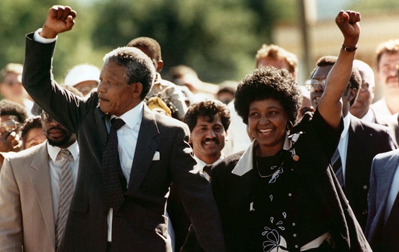 Winnie and Nelson Mandela pictured on his release from prison in February 1990&nbsp;