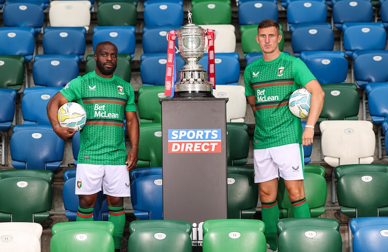 Glentoran's Faud Sule and Marcus Kane pictured at the launch of the 2024/25 Sports Direct Premiership season at Windsor Park