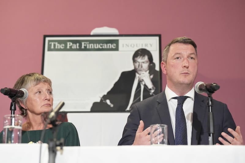 Geraldine Finucane, the widow of murdered Belfast solicitor Pat Finucane, with her son John Finucane, during a press conference at St Comgall’s – Ionad Eileen Howell centre in Belfast