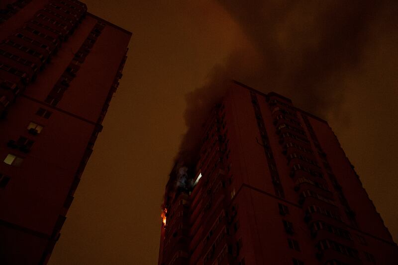 A residential building burns after an attack of Russian drones killed a teenager in Kyiv, Ukraine (Alex Babenko/AP)