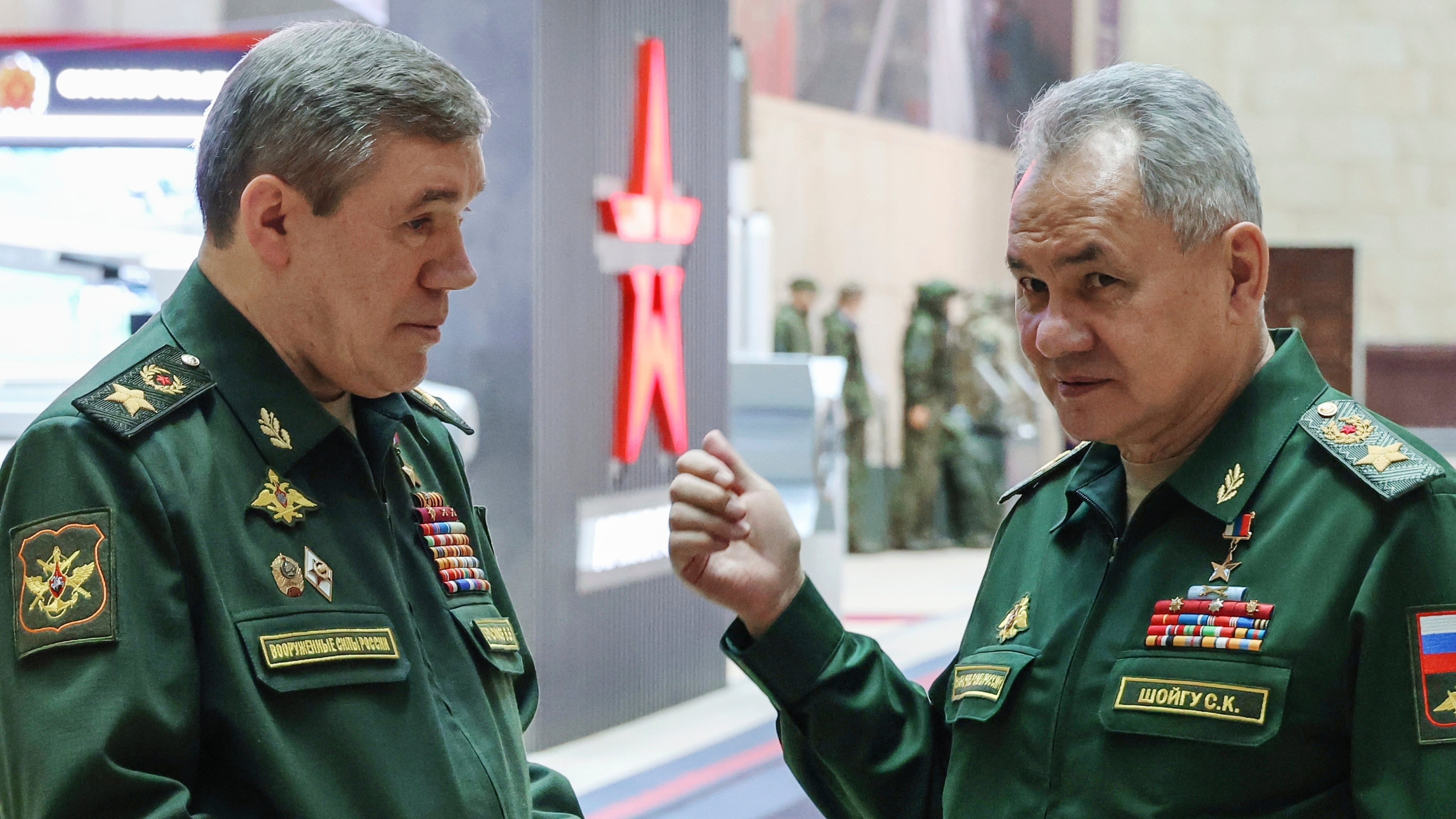 Russian former defence minister Sergei Shoigu and Chief of Staff General Valery Gerasimov are accused by the International Criminal Court of war crimes and inhumane acts (Sputnik/Kremlin Pool Photo/AP)