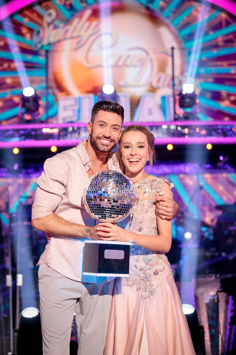 Rose Ayling-Ellis and Giovanni Pernice with the glitterball trophy during the final of Strictly Come Dancing 2021