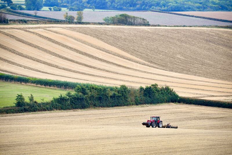 A red tractor in a field