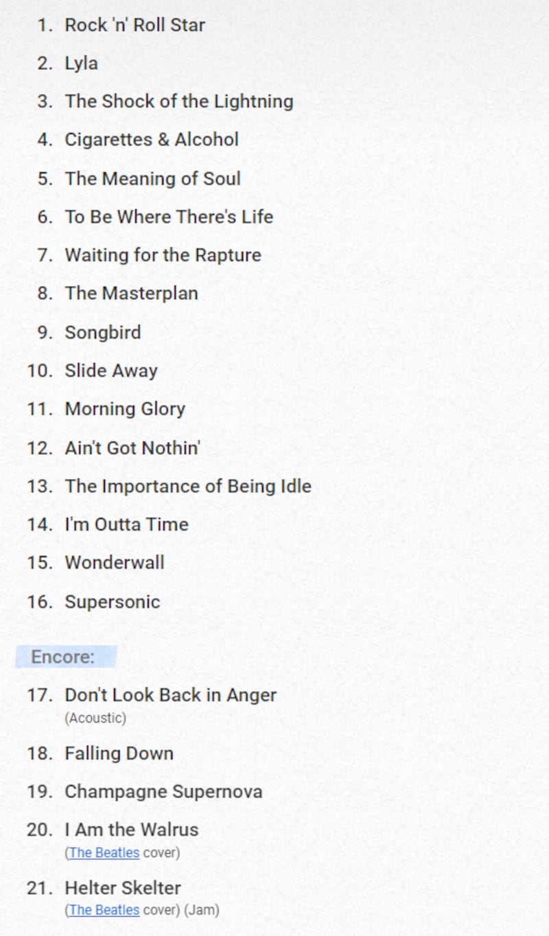 The setlist from Oasis' gig at the Odyssey Arena on 29 October 2008