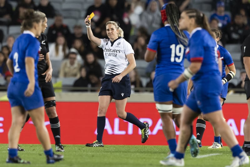 Match referee Joy Neville from Ireland gives a Yellow card to France's Safi N'Diaye during the Women's Rugby World Cup semi-final match at Eden Park, Auckland. Picture date: Saturday November 5, 2022.