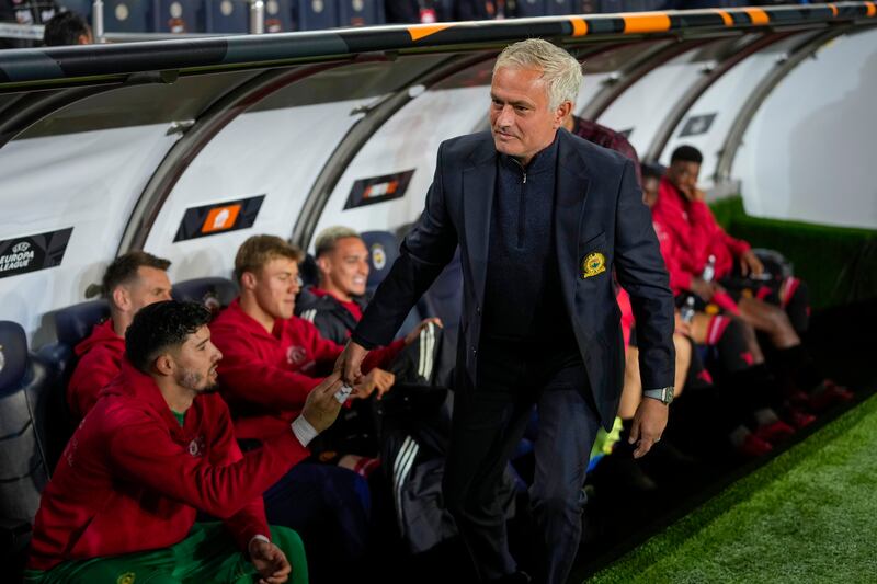 Jose Mourinho greets Manchester United’s players (Francisco Seco/AP)