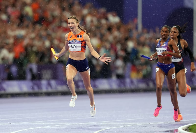 Femke Bol of the Netherlands celebrates after winning gold following the 4 x 400m Relay Mixed Final at the Stade de France on the eighth day of the 2024 Paris Olympic Games in France