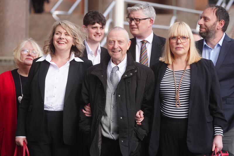 Victim Patrick O’Hara (centre) with supporters at Newcastle Crown Court