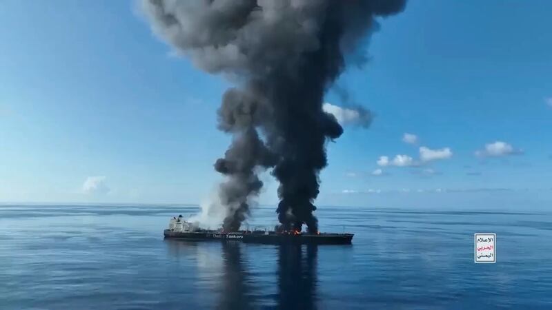 A frame grab from a video released by the Ansar Allah Media Office shows explosions striking the Greek-flagged oil tanker Sounion in the Red Sea (Ansar Allah Media Office via AP)