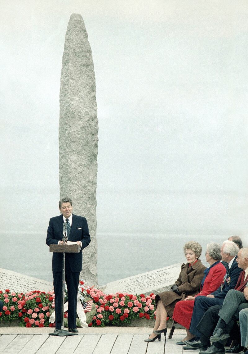 President Ronald Reagan delivers a speech in Normandy at Pointe Du Hoc (Ron Edmonds/AP)