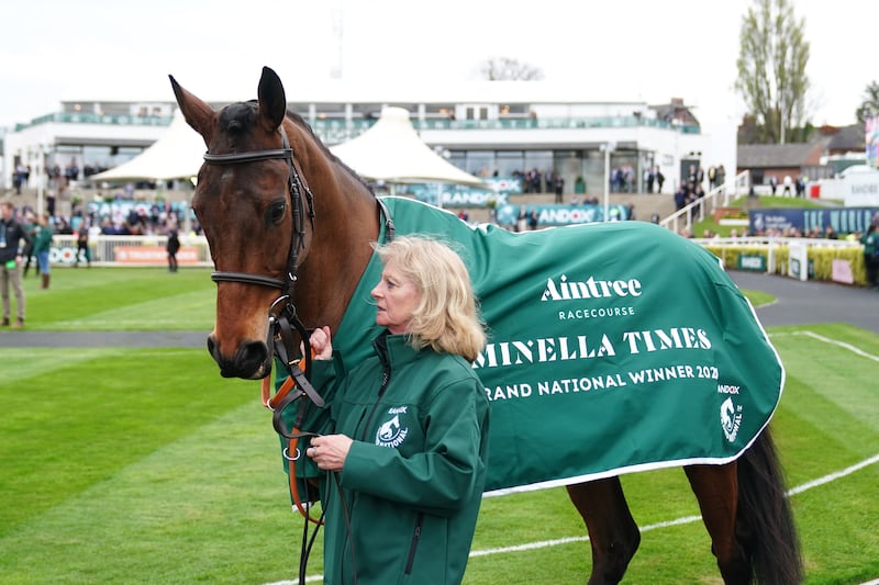 Horse Minella Times during the parade of champions on day three of the 2024 Randox Grand National Festival at Aintree Racecourse, Liverpool