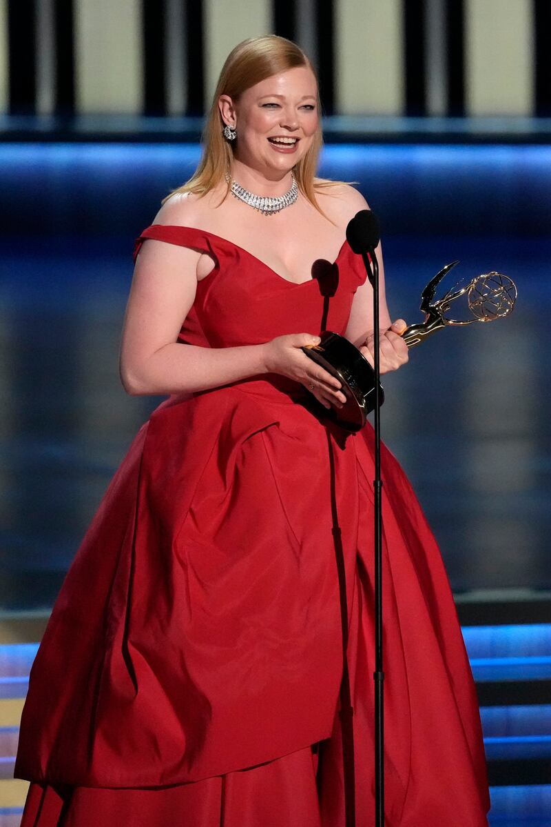 Sarah Snook accepts the award for outstanding lead actress in a drama series for Succession during the 75th Primetime Emmy Awards (Chris Pizzello/AP)