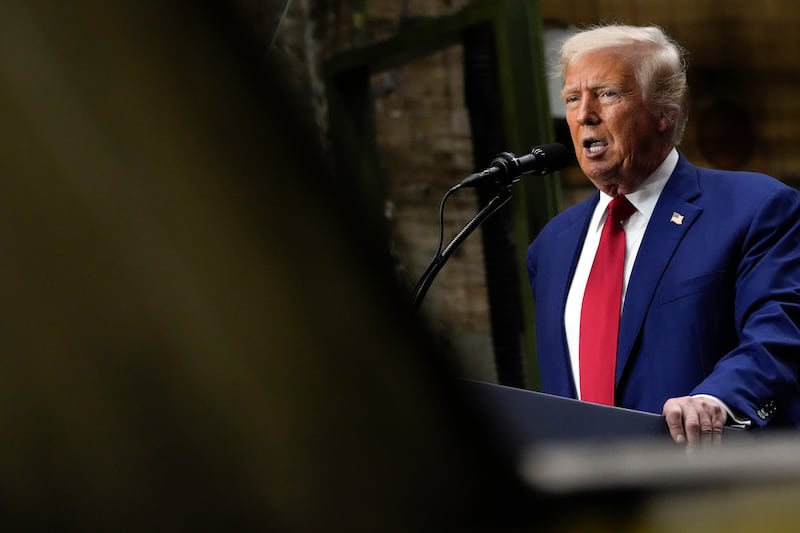 Republican presidential nominee former President Donald Trump speaks at a campaign event at Precision Components Group (Julia Nikhinson/AP)