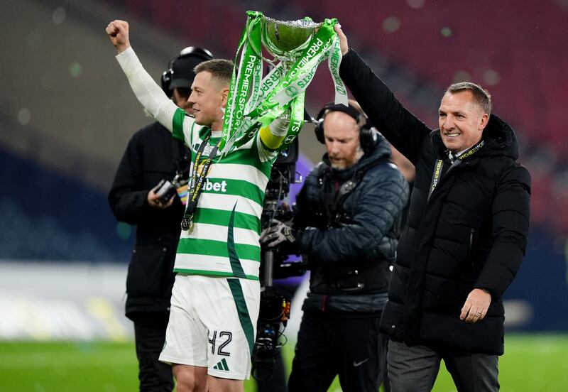 Brendan Rodgers, right, with the Premier Sports Cup trophy after victory over Rangers