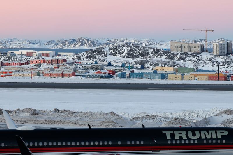 A plane carrying Donald Trump Jr lands in Nuuk, Greenland, on Tuesday (Emil Stach/Ritzau Scanpix via AP)