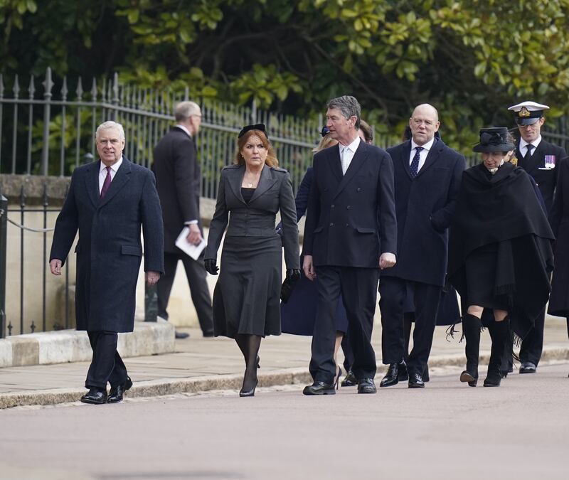 The Duke of York and Sarah, Duchess of York, Vice Admiral Sir Timothy Laurence, Mike Tindall and the Princess Royal arrive at the service