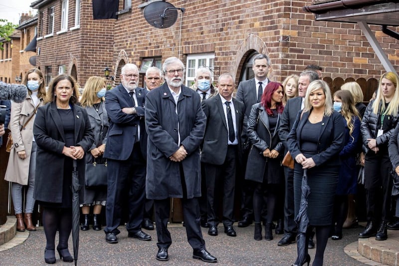 Mary Lou McDonald, Gerry Adams and Michelle O'Neill at the funeral of former IRA man Bobby Storey in 2020 