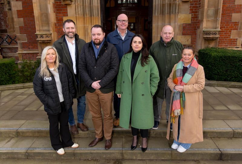 Pictured at Queen's L-R: Nikki Johnston, Operations Manager, Belfast South Community Resource; Dr Gareth Robinson, QCAP Research Lead Education Skills and Inclusive Innovation, Queen’s University Belfast; Fionntán Hargey, Director, Market Development Association; Billy Drummond, Manager / Restorative Practioner, Greater Shankill Alternatives; Niki McKnight, QCAP Programme Manager, Queen’s University Belfast; Dr Garnet Busby, Operations Manager, Belfast South Community Resource; Lisa McCloy, Capital Project Coordinator, Donegal Pass Community Enterprise