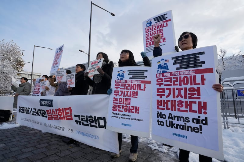 Some South Koreans have staged a rally against their government’s plans to supply weapons to Ukraine (AP)