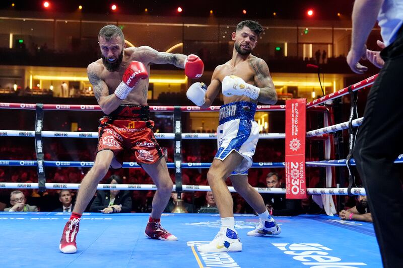 Anthony Cacace lands a left hook on Joe Cordina during the Super Featherweight fight at Kingdom Arena, Riyadh. Picture: Nick Potts/PA Wire.