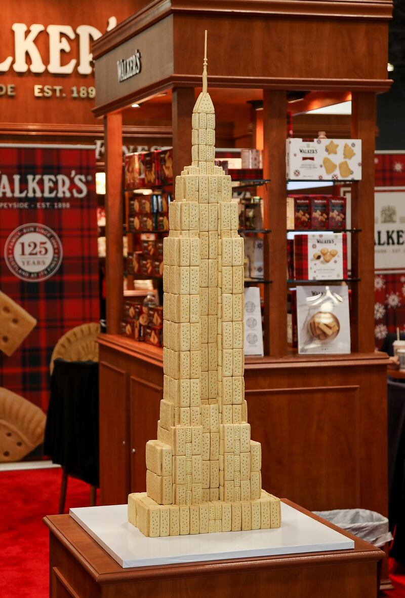 Miniature Empire State Building made from Walker’s Shortbread biscuits .