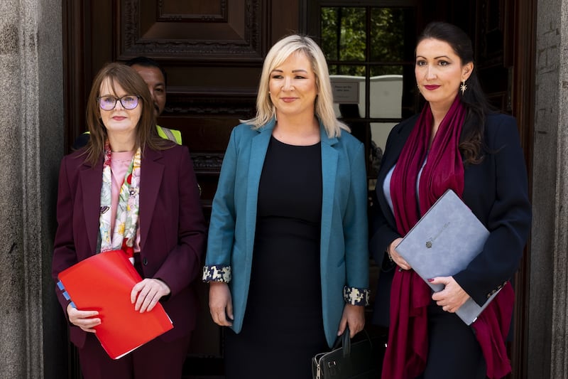 Northern Ireland’s Finance Minister Caoimhe Archibald (left), First Minister Michelle O’Neill (centre) and deputy First Minister Emma Little-Pengelly at the Treasury in London