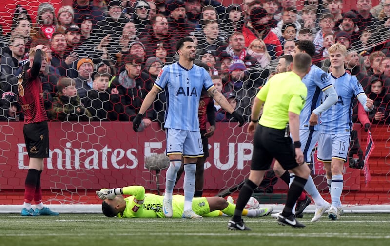 Dominic Solanke (centre) celebrated Tottenham’s opener at Tamworth