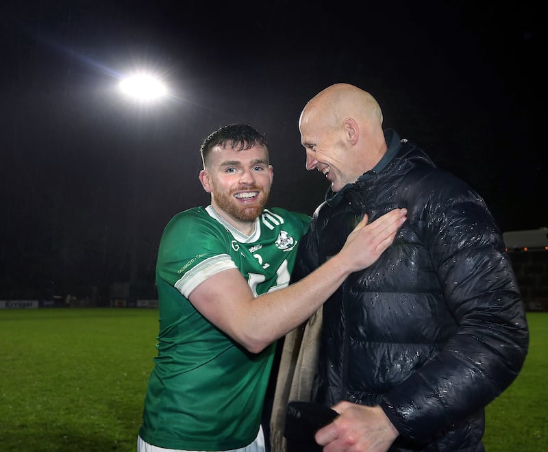 Newbridge match-winner Ciaran Brooks with joint manager Gary Hetherington after the Derry SFC final win over Glen at Celtic Park on Sunday     Picture: Margaret McLaughlin