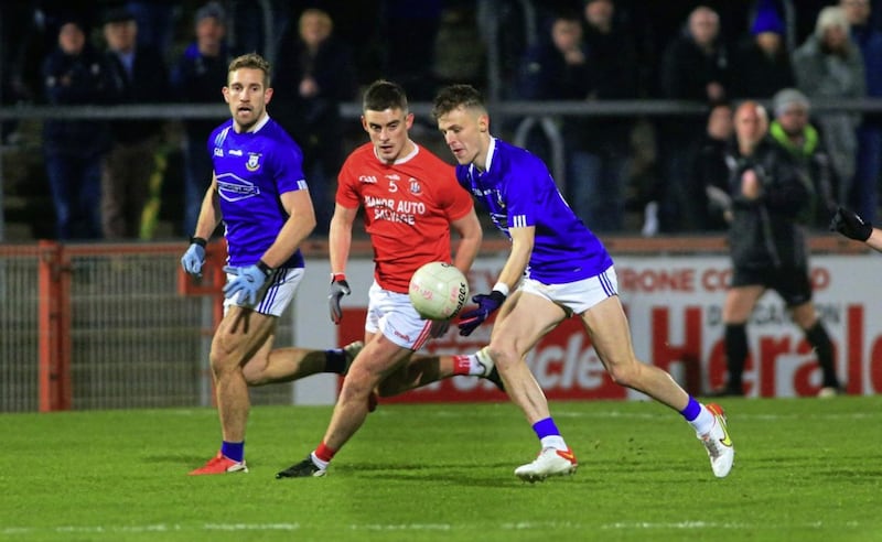 Dromore&#39;s Emmett McNabb in action against Trillick&#39;s Daire Gallagher during the Tyrone SFC semi-final at Healy Park Picture: Seamus Loughran 