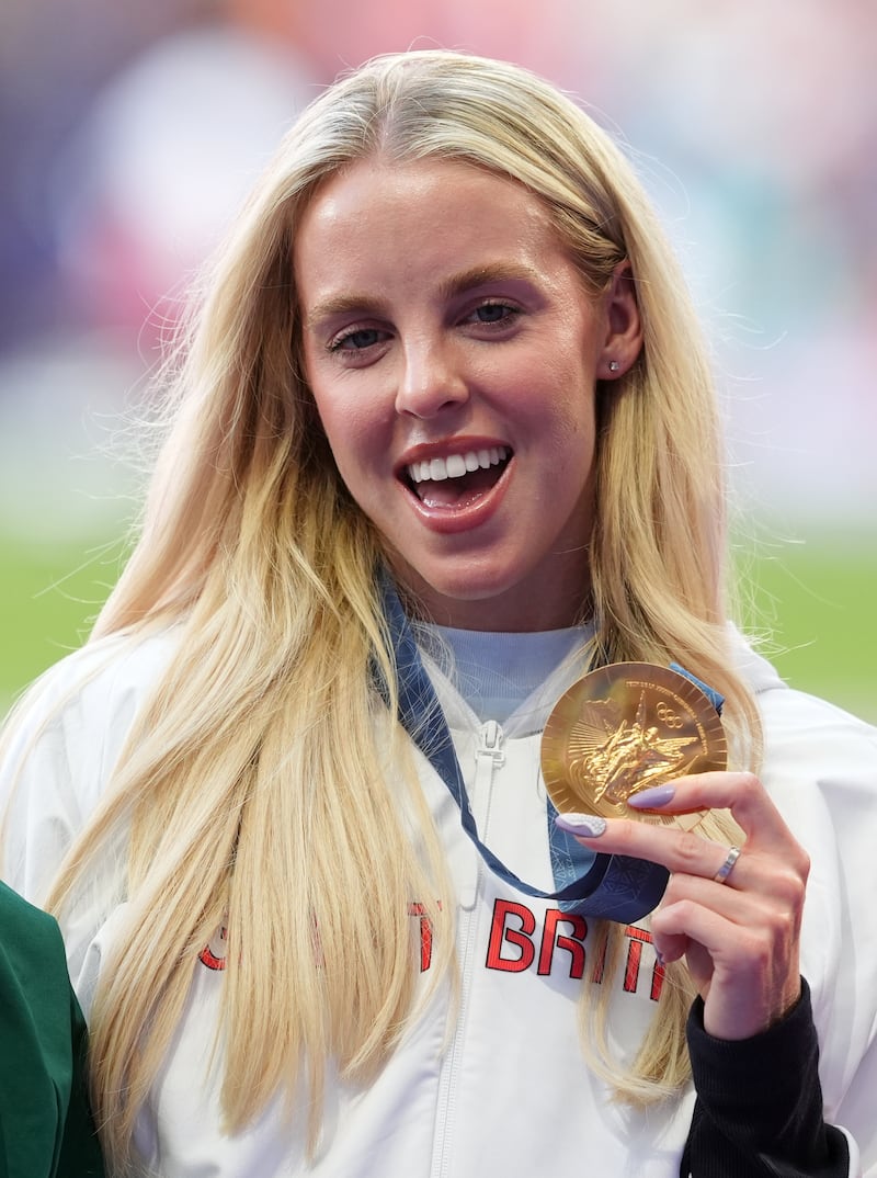 Keely Hodgkinson with her gold medal following victory in the 800 metres final at the Paris Olympic Games