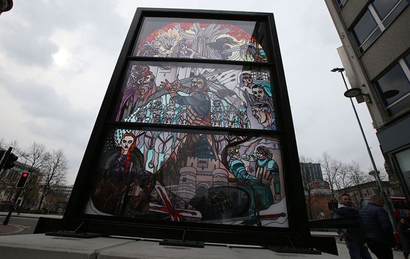 The huge stained glass monuments, the first of which was unveiled this morning, will form part of a major new campaign to promote Northern Ireland around the world as &lsquo;Game of Thrones Territory&rsquo;. Picture by Hugh Russell &nbsp;