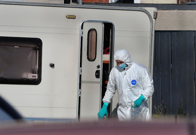 Forensics examining a caravan at scene of a blast in the Carnhill area of Derry on Wednesday morning. Homes were evacuated and a van was taken from the scene. Picture Margaret McLaughlin  25-9-2024