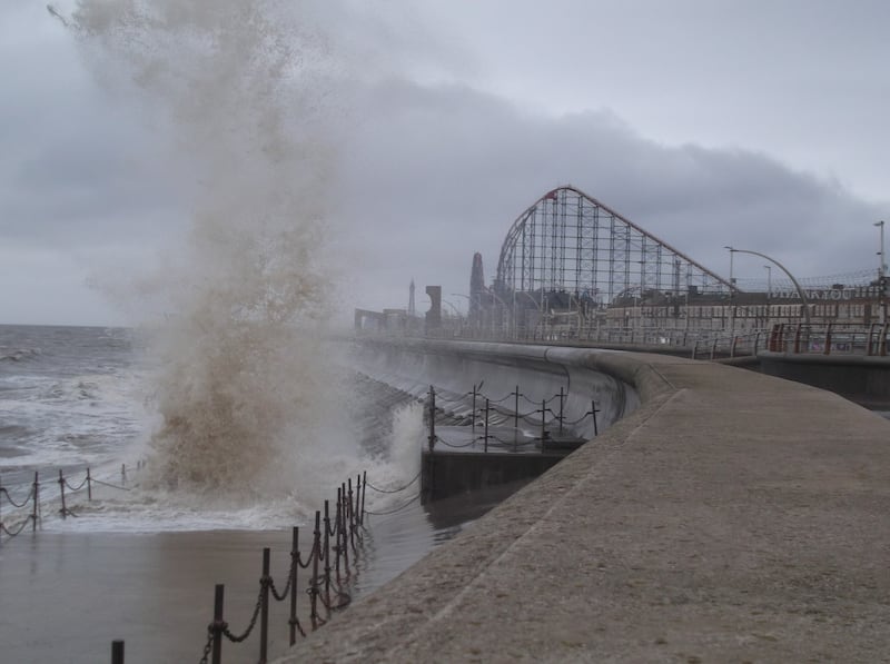 Waves topping over sea wall in Blackpool. (Sally Brown)