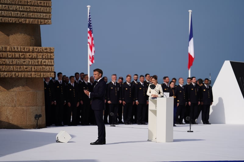 President of France Emmanuel Macron during the commemorative event for the 80th anniversary of D-Day in Ver-sur-Mer, Normandy, France