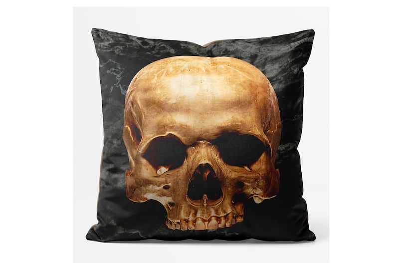 Gold Skull Black Marble Cushion, Ink & Drop