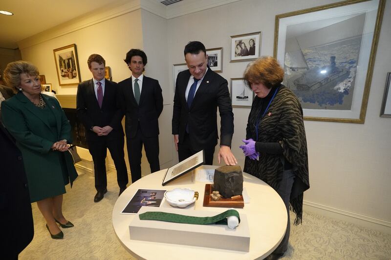 Taoiseach Leo Varadkar, touches a piece of the Giant’s Causeway, which was given to President John F Kennedy by the Mayor of Galway, Patrick Ryan during a state visit to Ireland in June 1963