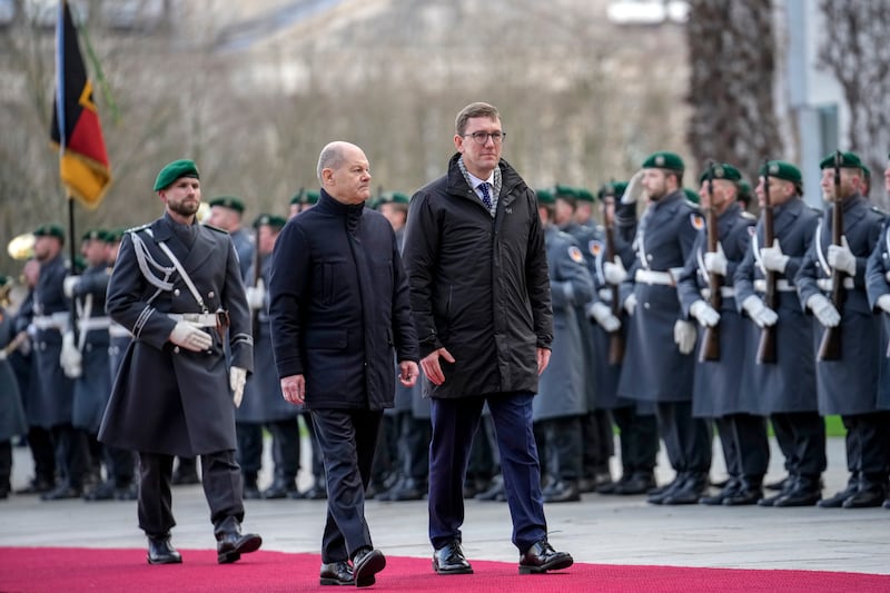 German Chancellor Olaf Scholz welcomes Estonian Prime Minister Kristen Michal at the chancellery in Berlin (Ebrahim Noroozi/AP)