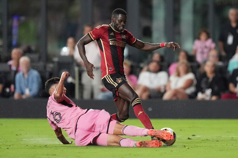 Inter Miami midfielder Tomas Aviles blocks a pass by Jamal Thiare during the second half (Rebecca Blackwell/AP)