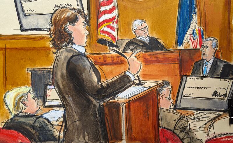 Assistant district attorney Susan Hoffinger questions Michael Cohen, right, as former president Donald Trump, far left, looks on in Manhattan Criminal Court in New York (Elizabeth Williams via AP)