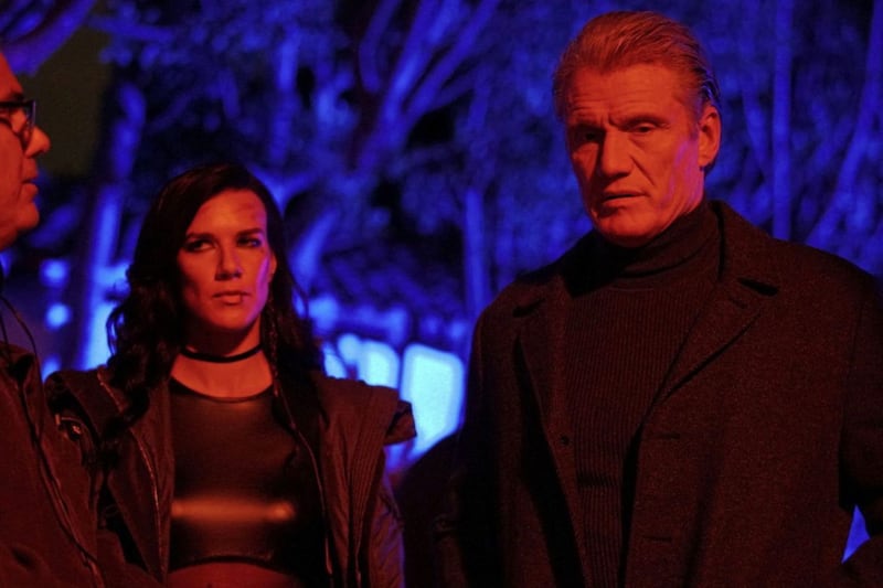 Natalie Burn with Acceleration co-star Dolph Lundgren 