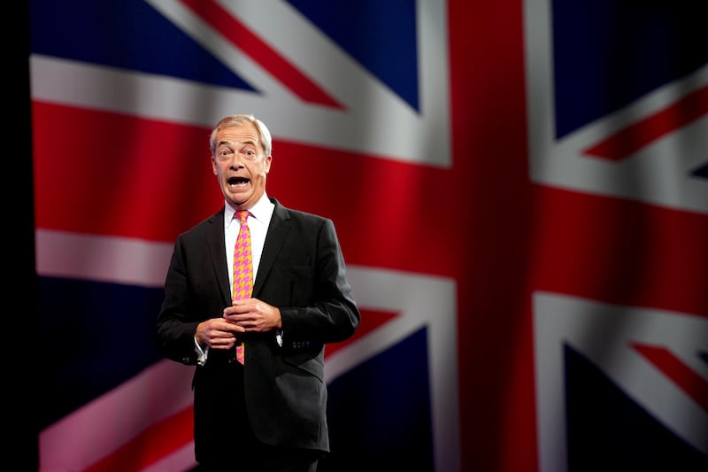 Reform UK leader Nigel Farage speaks at the party’s annual conference at the National Exhibition Centre in Birmingham