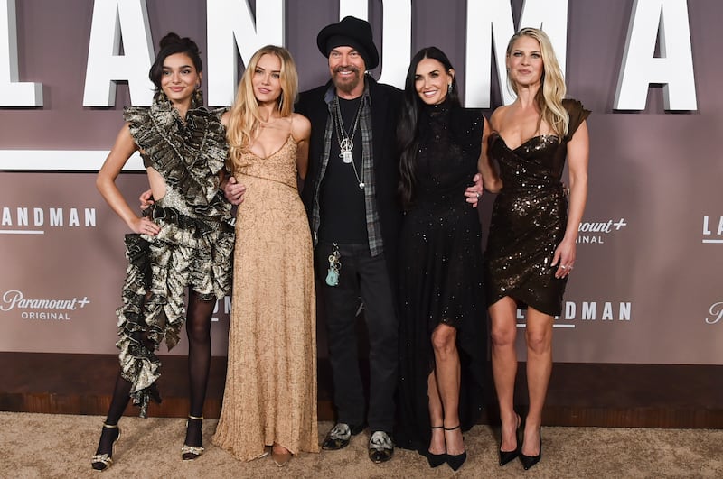 Paulina Chavez, from left, Michelle Randolph, Billy Bob Thornton, Demi Moore, and Ali Larter arrive at the premiere of Landman (Richard Shotwell/Invision/AP)