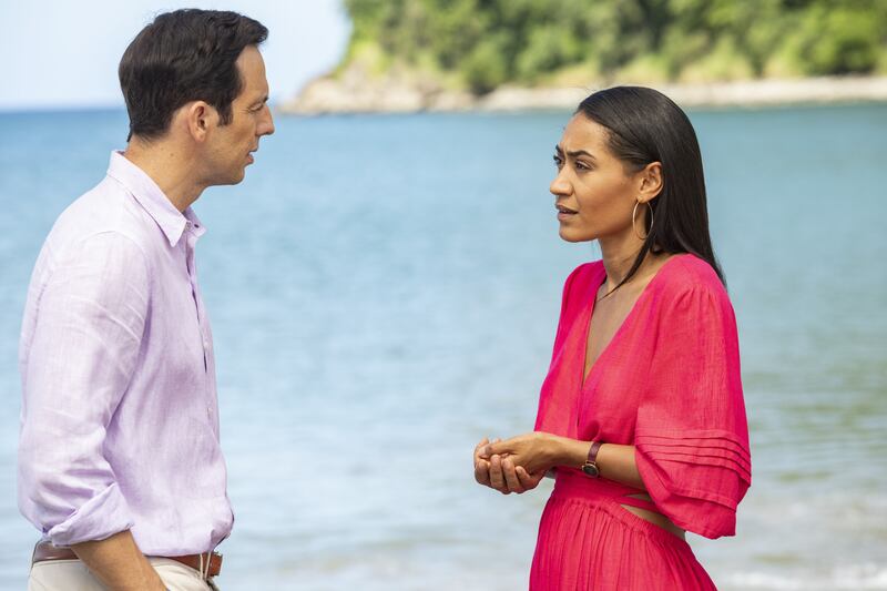 Ralf Little as DI Neville Parker and Josephine Jobert as DS Florence Cassell in Death In Paradise (BBC)