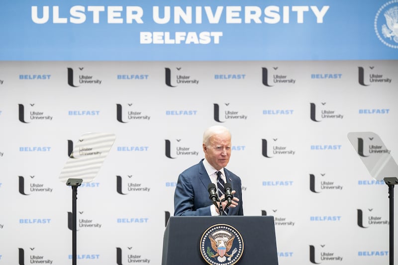 US President Joe Biden delivers his keynote speech at Ulster University in Belfast during his visit to the island of Ireland in April last year