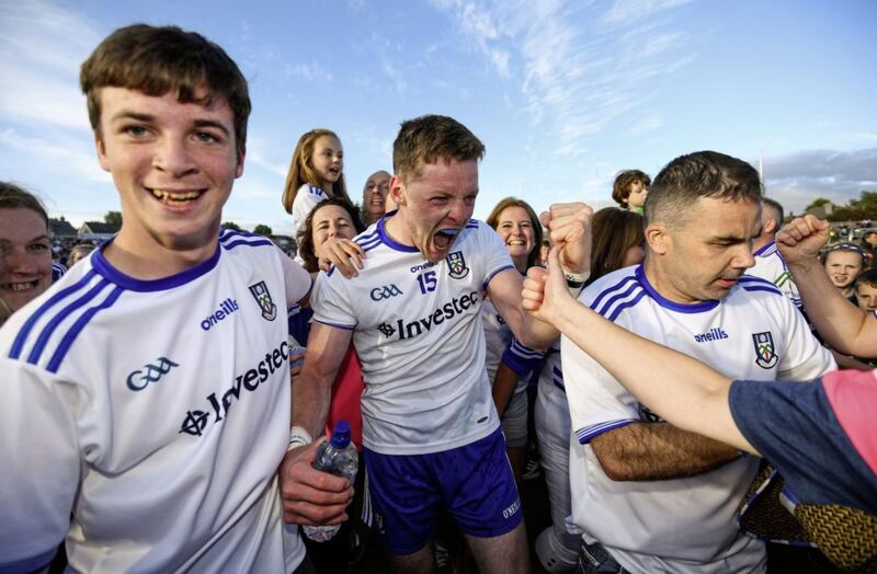 4 August 2018; Conor McManus of Monaghan celebrates following his side&#39;s victory in the GAA Football All-Ireland Senior Championship Quarter-Final Group 1 Phase 3 match between Galway and Monaghan at Pearse Stadium in Galway. Photo by Ramsey Cardy/Sportsfile. 