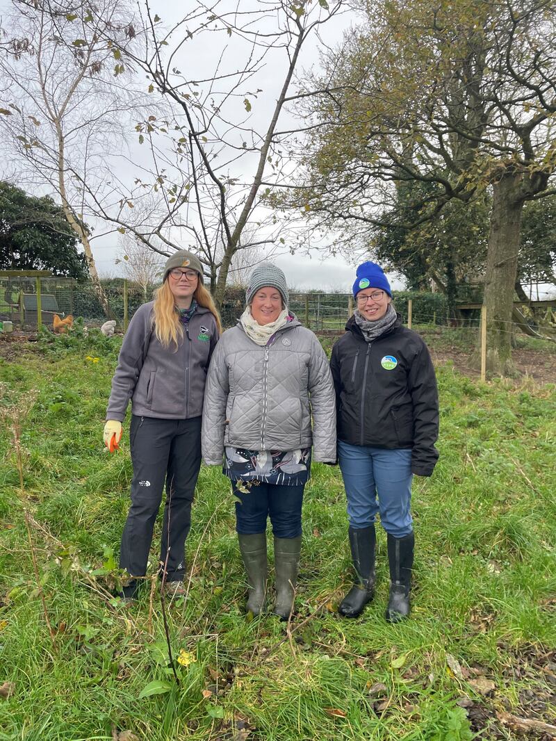(From left to right) Katy Bell, Ulster Wildlife joins Dawn Stocking, Ballycruttle Farm and Michelle Duggan, RSPB NI to ring the four barn owl chicks which made a surprise welcome to the farm this winter. UlsterWildlife/PA)