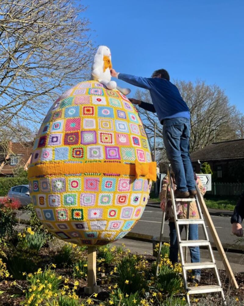 The giant egg is made of 260 crocheted squares