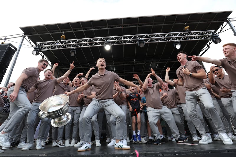 Armagh celebrate  with the fans at the Athletic grounds in Armagh on Monday, after winning the All Ireland.
PICTURE COLM LENAGHAN