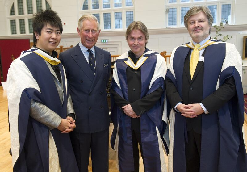 Pianist Lang Lang and composer-conductors Esa-Pekka Salonen and James MacMillan during a visit by the then Prince of Wales to the Royal College of Music