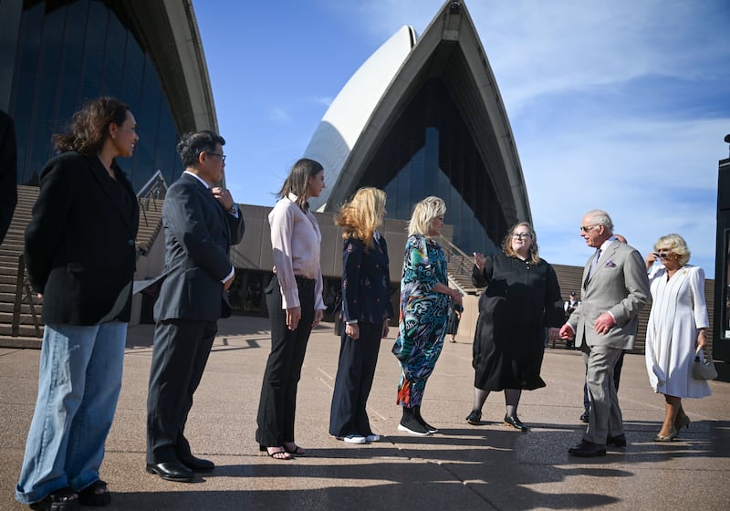 Charles and Camilla met Dame Joanna Lumley, actress Heather Mitchell, Francis Rings from the Bangarra Dance Theatre, acrobat/dancer Lucia Richardson, tenor Jin Tea Kim and Alexander Morris, principal bass clarinet with the Sydney Symphony Orchestra at the Sydney Opera House